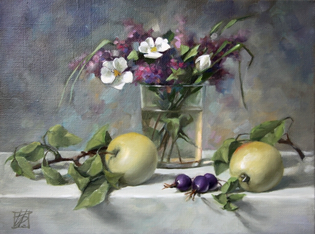 Painting for sale online - Still life with black rose hips