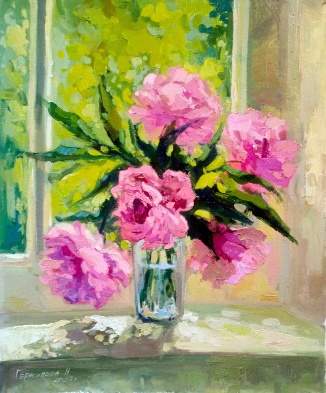 Painting for sale online - Peonies on the window