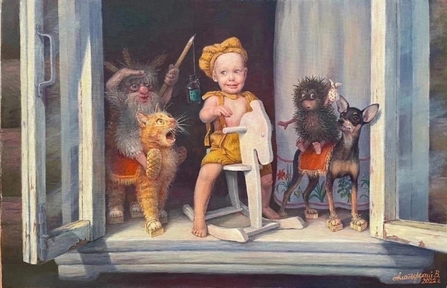 Painting for sale online - Three heroes. Hedgehog visiting the Domovoy