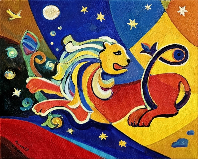 Painting for sale online - Triptych. Guardians of the House - Lion. Night