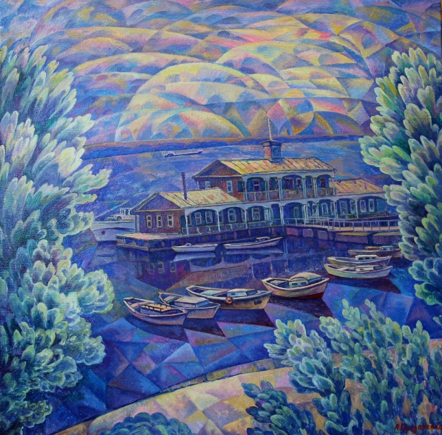 Painting for sale online - Evening on the Volga. Landing stage and boats.