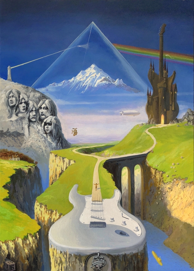 Painting for sale online - A surreal landscape composition about ten rock bands. 
