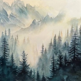 Painting for sale online - Spruce forest in the fog