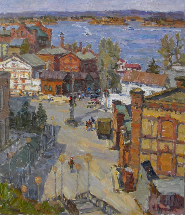 Painting for sale online - Going Downstairs to Von Vokano's Brewery and Bank of the Volga River
