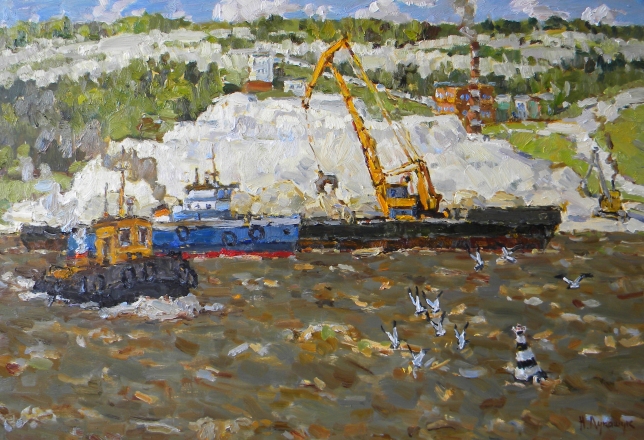 Painting for sale online - Working Days of the Volga River.