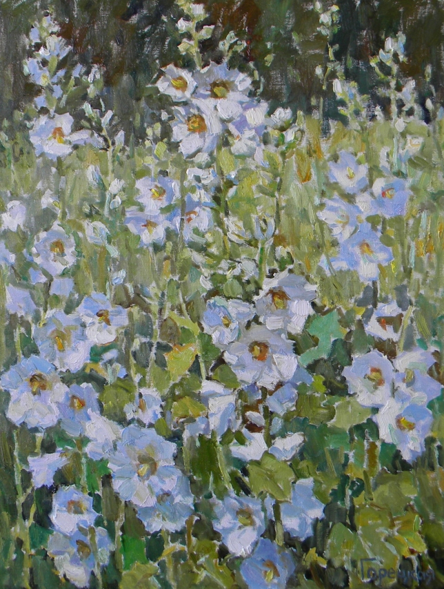 Painting for sale online - The Hollyhocks