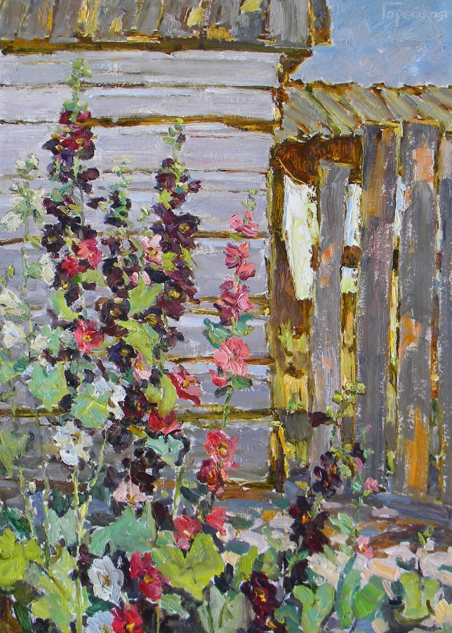 Painting for sale online - Fences and Hollyhocks in the Village of Rozhdestveno