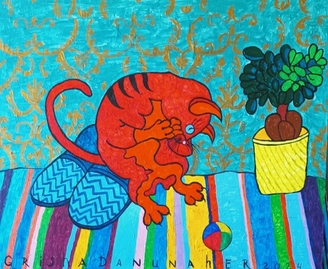 Painting for sale online - The cat shits in the slippers