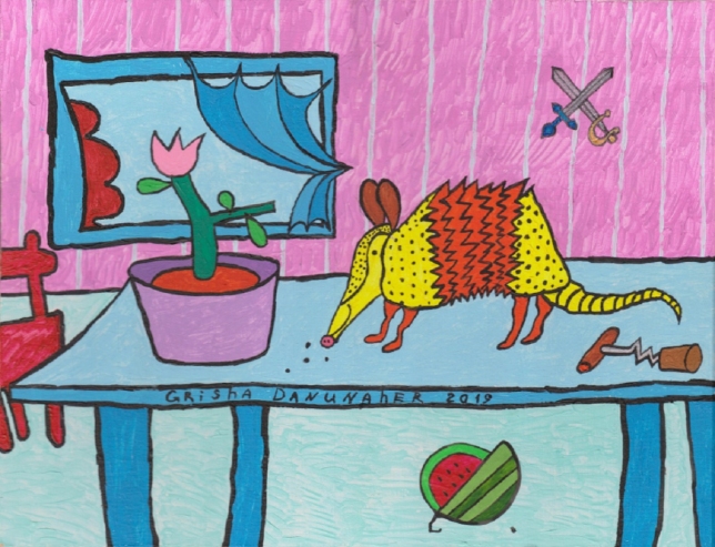 Painting for sale online - Armadillo on a table with an open window in the background