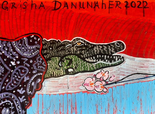 Painting for sale online - Crocodile with a delicate orchid