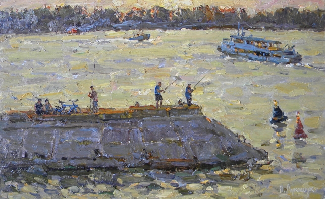 Painting for sale online - Fishermen at the dam. Evening bite