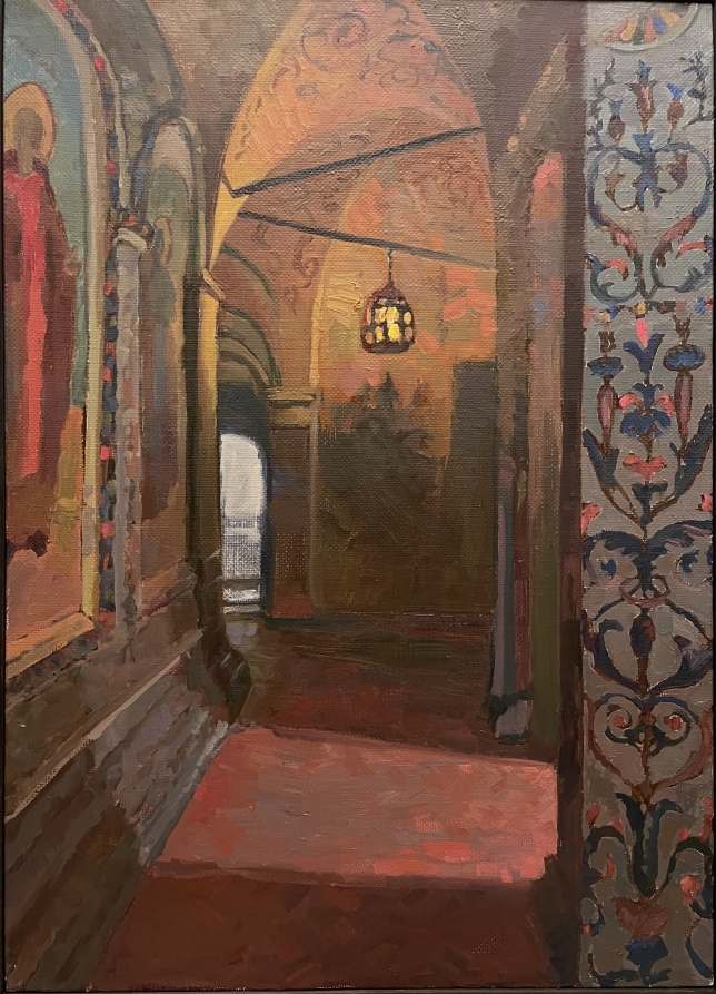 Painting for sale online - In the darkness the Light Shines, the inerior of the temple