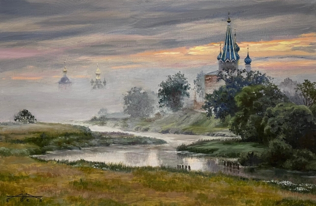 Painting for sale online - Fog on the River Teza.
