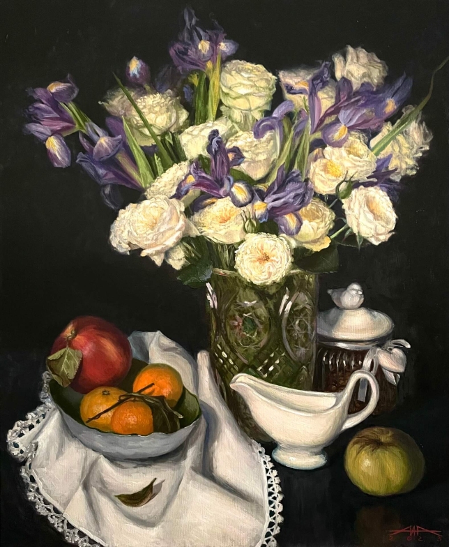 Painting for sale online - Still life with white roses.