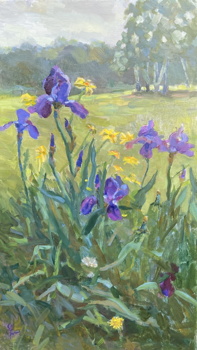 Painting for sale online - Irises and yellow daisies