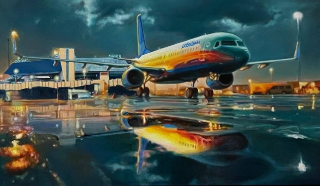 Painting for sale online - Sochi Airport in the sunset lights