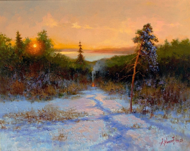 Painting for sale online - Hunter's Trail. Bonfire in the Winter Forest