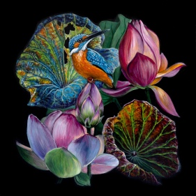 Painting for sale online - Kingfisher in lotuses