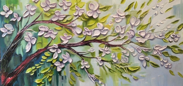 Painting for sale online - The Power of the Wind: Snow-White Flowers on a Voluminous Branch