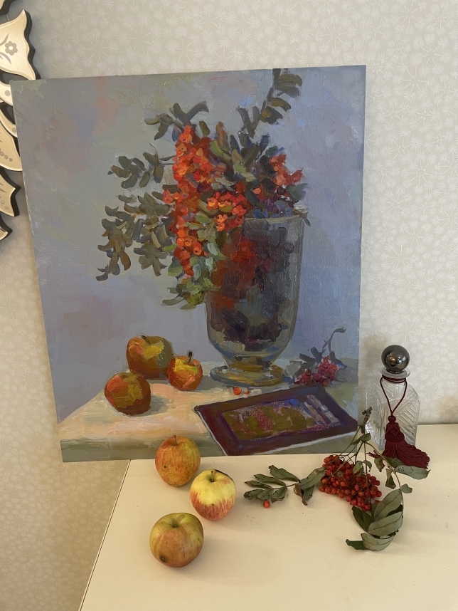 Painting for sale online - Nature-morte with rowan and apples. Autumn.