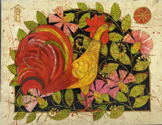 Painting for sale online - Cockerel in the village