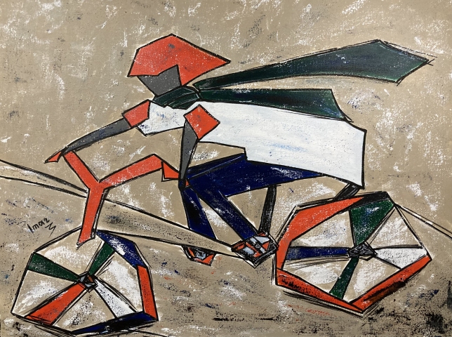 Painting for sale online - Cyclist or walk in a green scarf