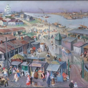 Painting for sale online - Triptych of Ancient Astrakhan Tatar Bazaar in 1913