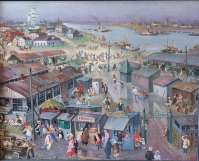 Painting for sale online - Triptych of Ancient Astrakhan(left side): Tatar Bazaar in 1913