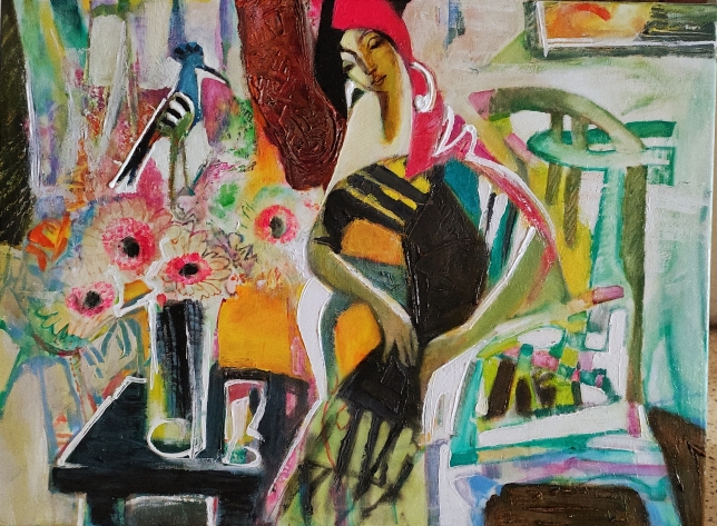 Painting for sale online -  In the interior with hoopoe