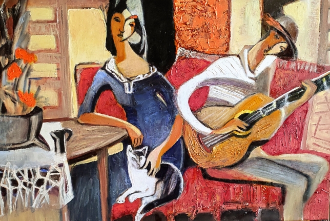 Painting for sale online - A cup of coffee, a cat, and a guitar