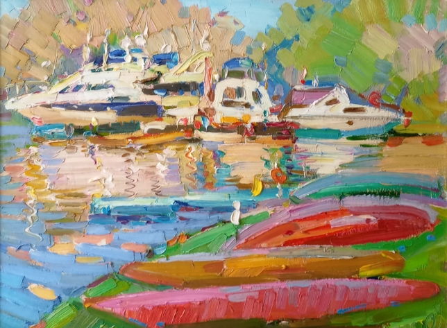 Painting for sale online - Landscape with red boats