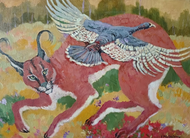 Painting for sale online - Caracal and guinea fowl