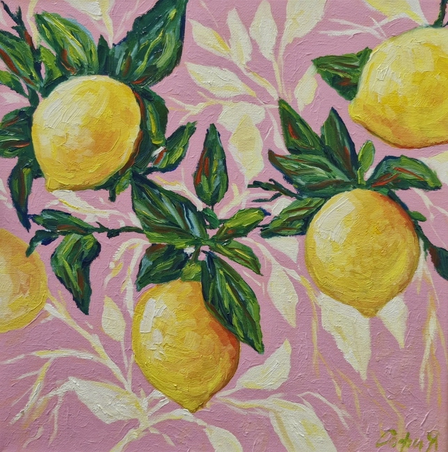 Painting for sale online - Lemons on pink 