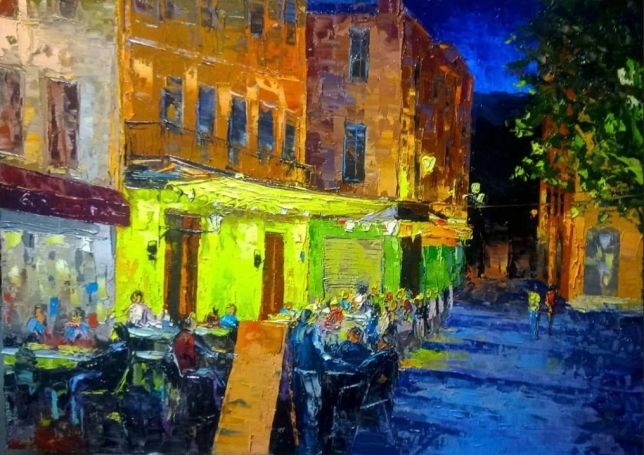 Painting for sale online -  Warm evening, cafe