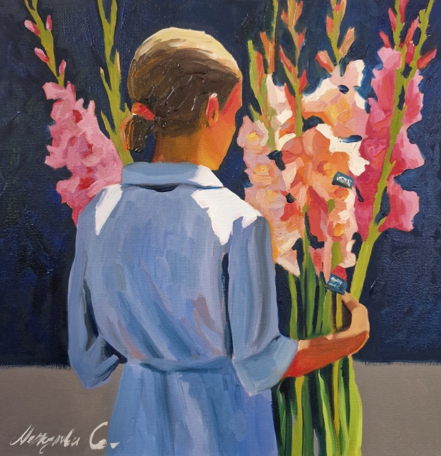 Painting for sale online - girl with gladioli 
