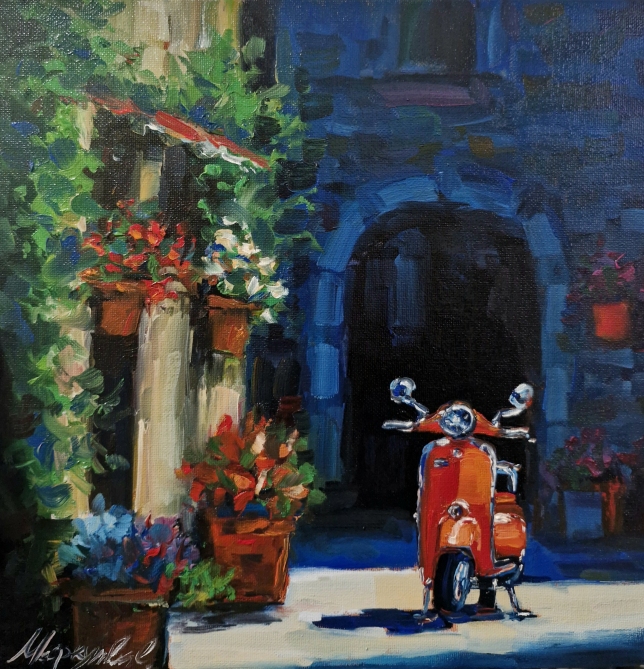 Painting for sale online - Red moped 