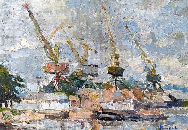 Painting for sale online - Old cranes in the river port