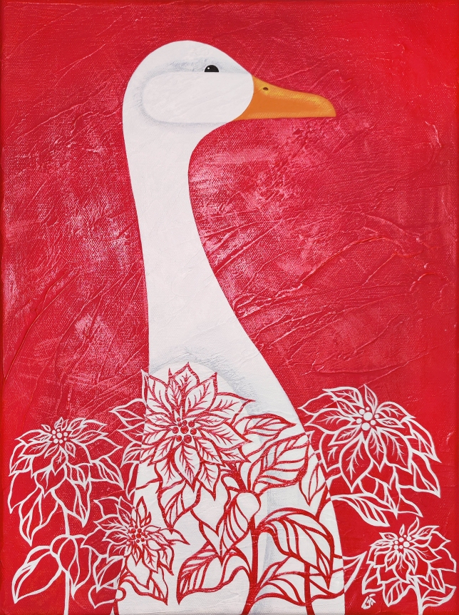 Painting for sale online - Goose in poinsettia The Christmas Star