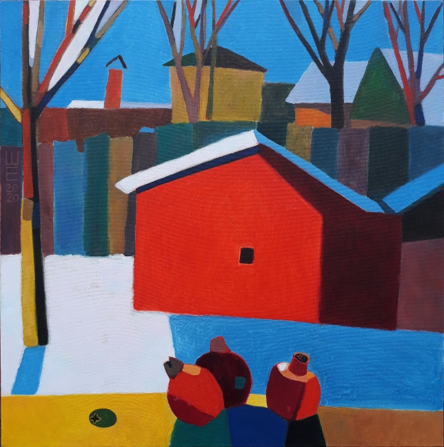 Painting for sale online - Snow, grenades and a red garage