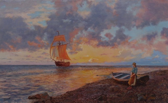 Painting for sale online - Sailboat at sunset