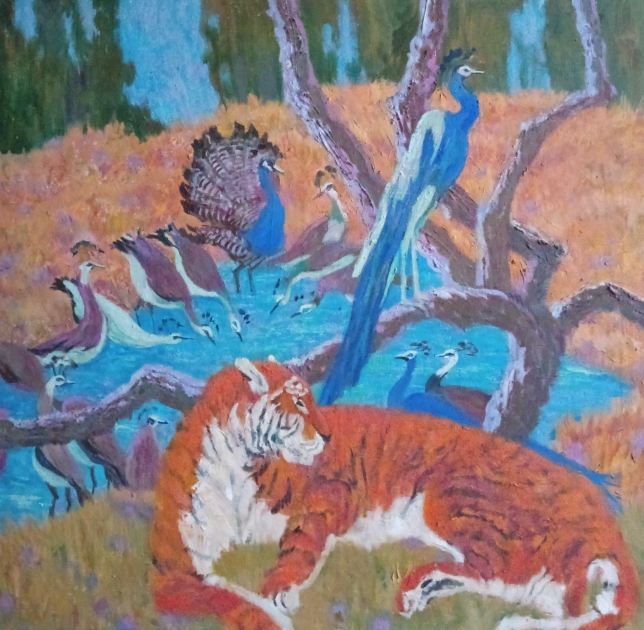 Painting for sale online - Pavas at the watering hole