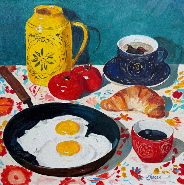 Painting for sale online - Breakfast on a floral tablecloth