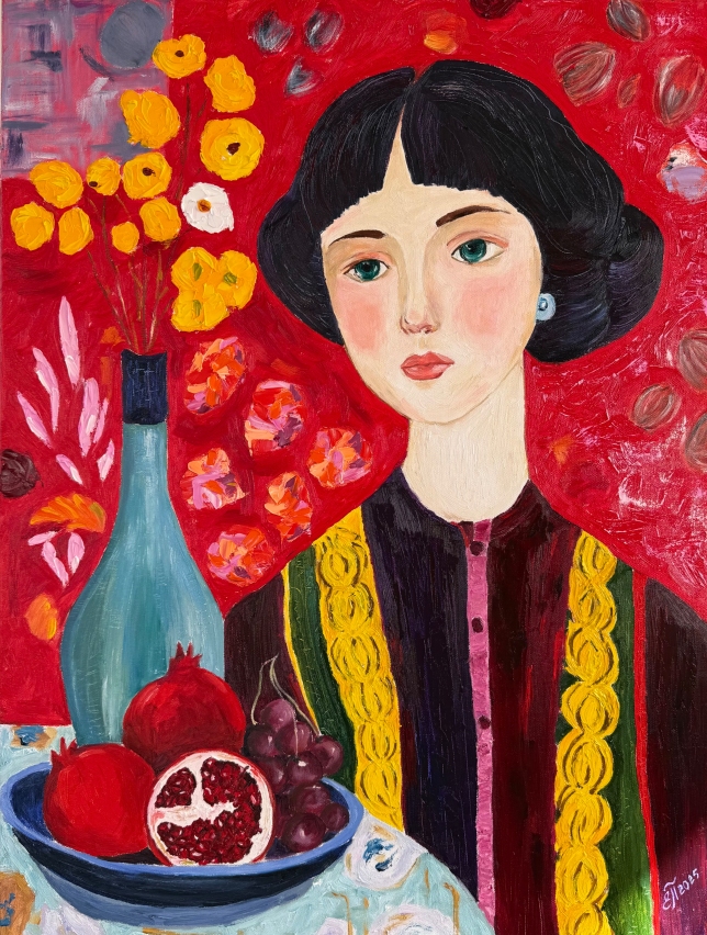 Painting for sale online - A girl and ripe pomegranates
