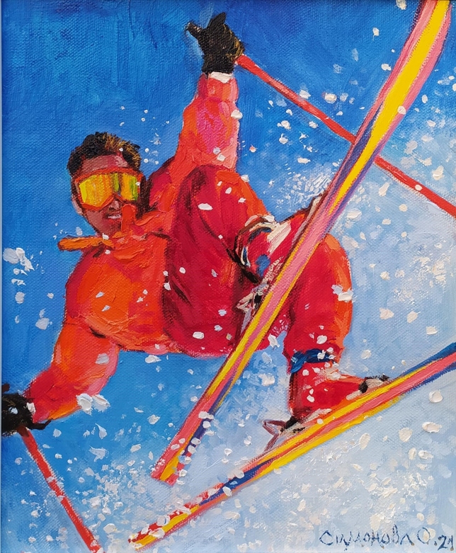 Painting for sale online - Skier in red