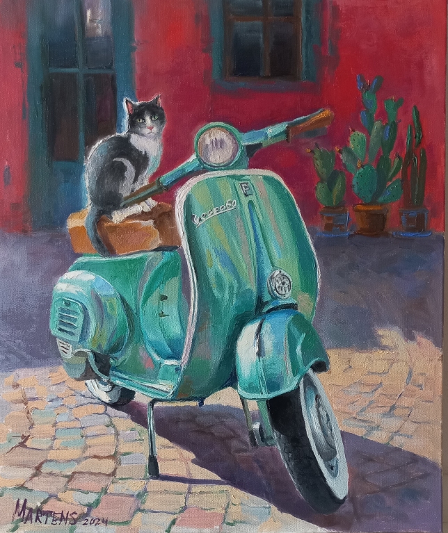 Painting for sale online - A cat on a scooter, Italy